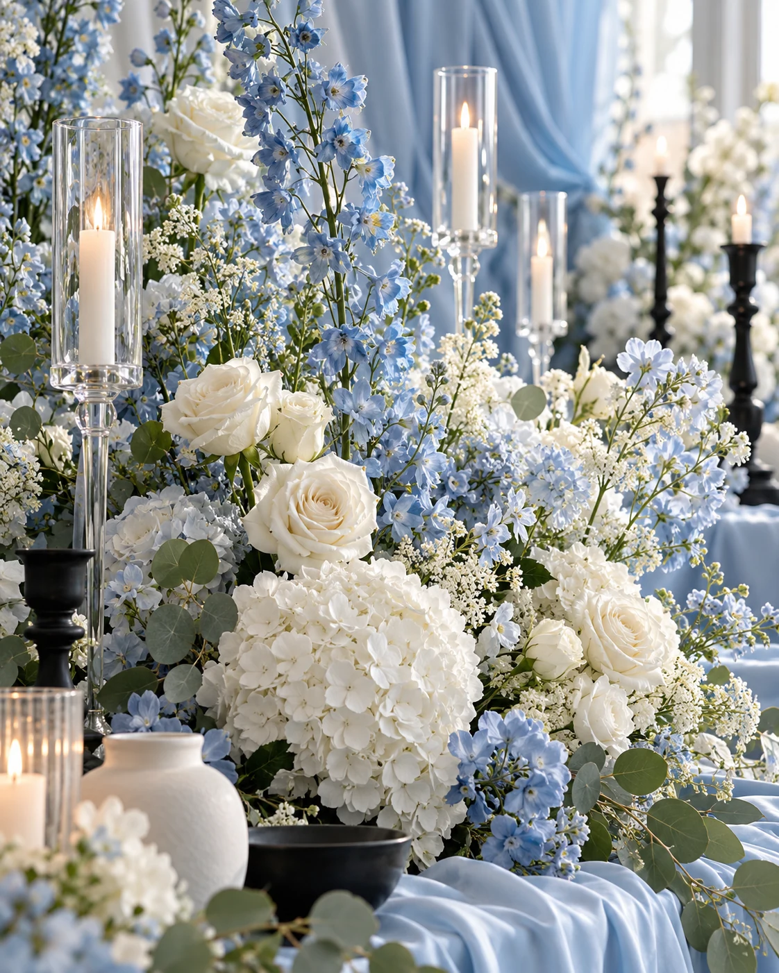 Composição ilustrativa de flores brancas e azul bebê com velas acesas