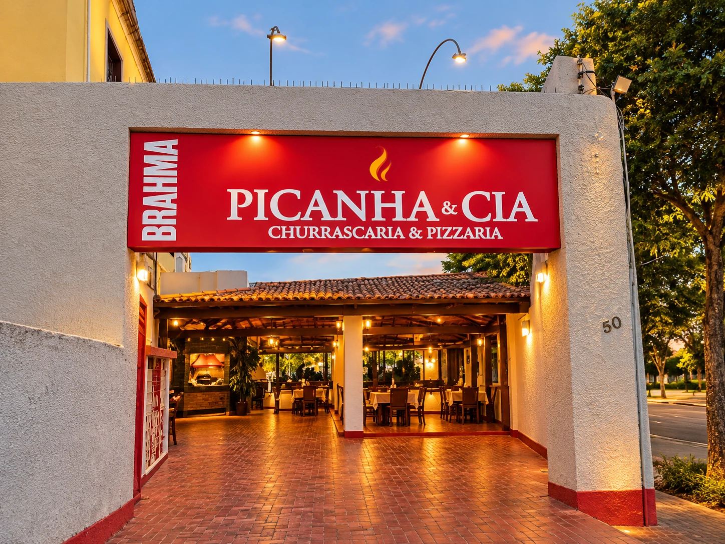 Imagem tratada da entrada do restaurante Picanha e Cia, com sua fachada e placa vermelha